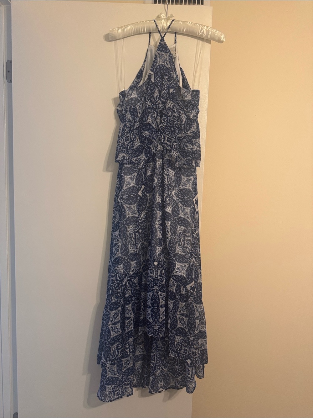 belle sky Blue Paisley Halter Maxi Dress with Ruffle Bodice